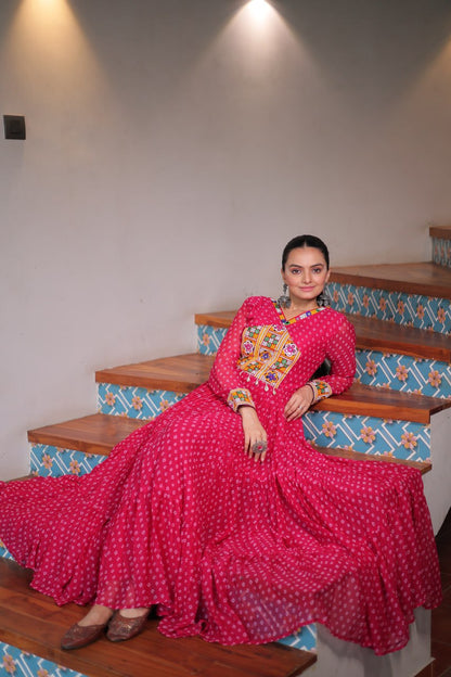 Pink Bandhani Print Work With Kutchi Patchework Navratri Gown