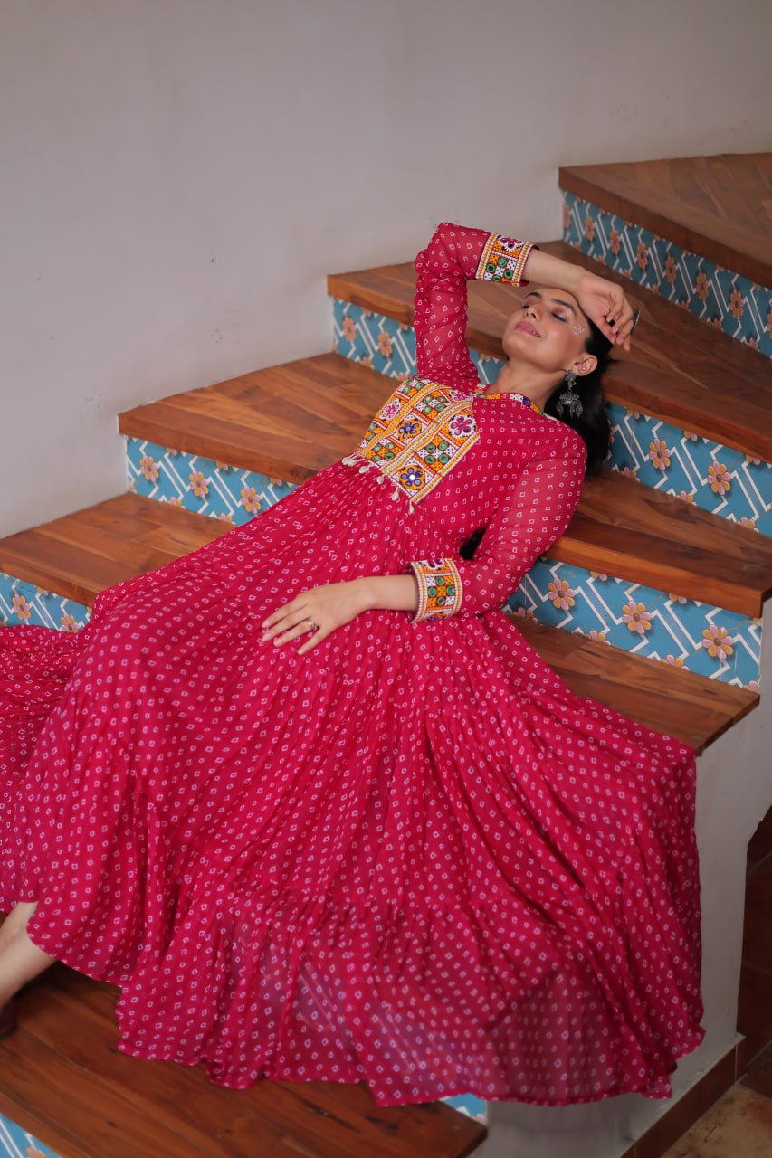 Pink Bandhani Print Work With Kutchi Patchework Navratri Gown