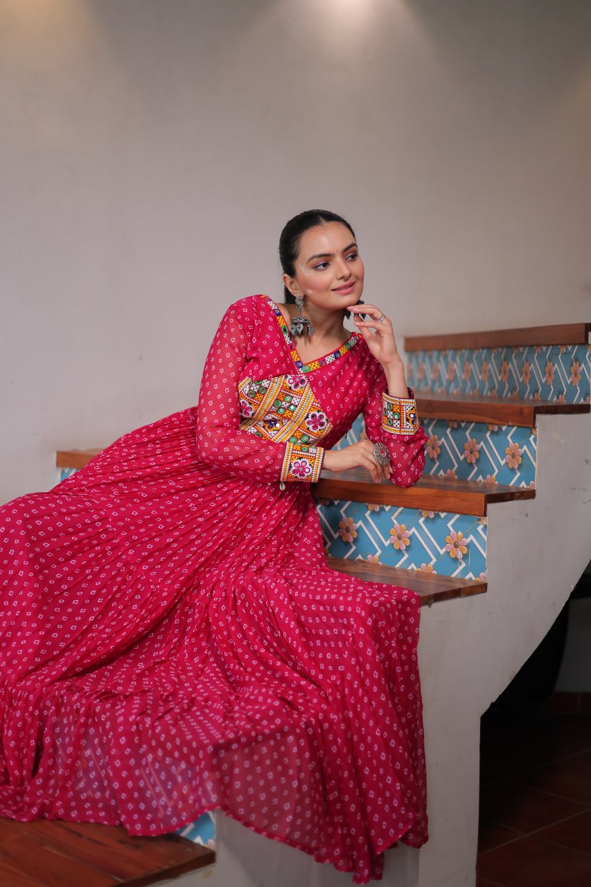 Pink Bandhani Print Work With Kutchi Patchework Navratri Gown