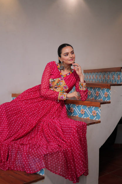 Pink Bandhani Print Work With Kutchi Patchework Navratri Gown