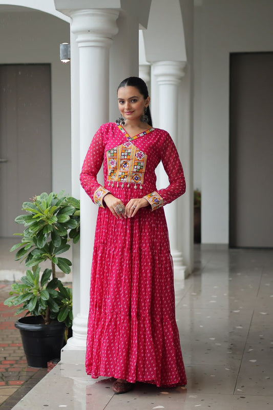Pink Bandhani Print Work With Kutchi Patchework Navratri Gown