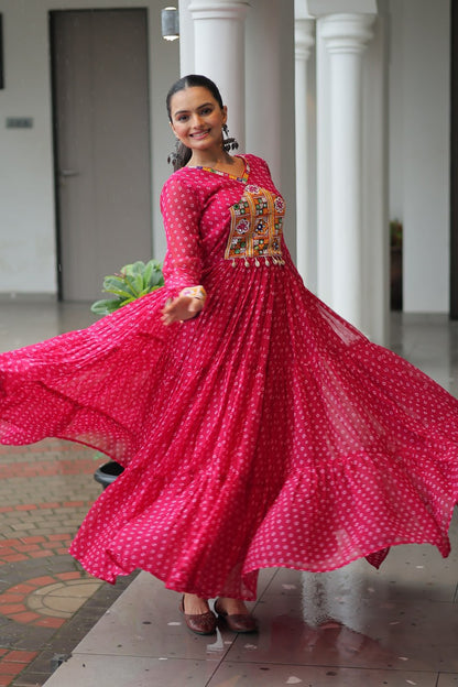 Pink Bandhani Print Work With Kutchi Patchework Navratri Gown