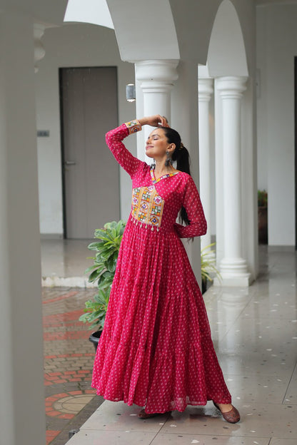 Pink Bandhani Print Work With Kutchi Patchework Navratri Gown