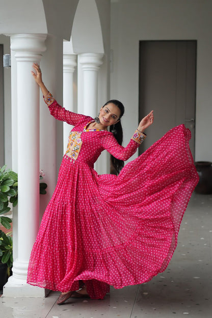Pink Bandhani Print Work With Kutchi Patchework Navratri Gown