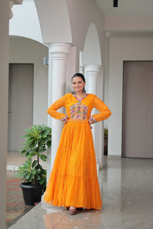 Yellow Bandhani Print Work With Kutchi Patchework Navratri Gown