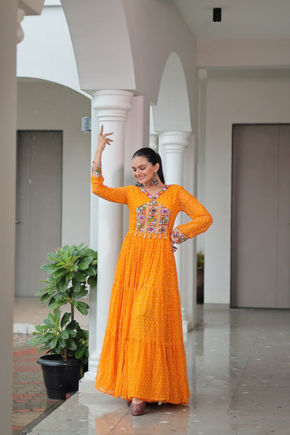Yellow Bandhani Print Work With Kutchi Patchework Navratri Gown