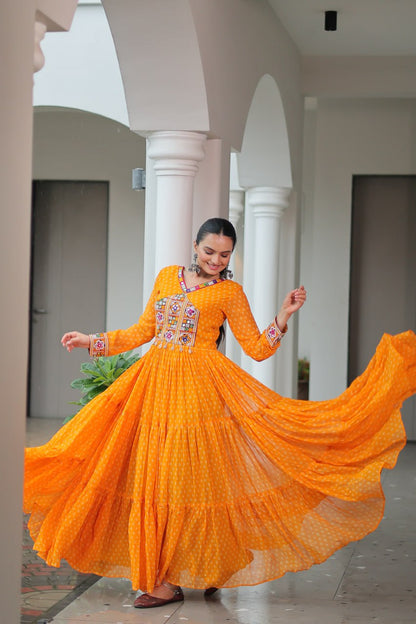 Yellow Bandhani Print Work With Kutchi Patchework Navratri Gown