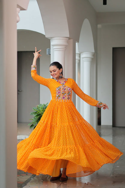 Yellow Bandhani Print Work With Kutchi Patchework Navratri Gown