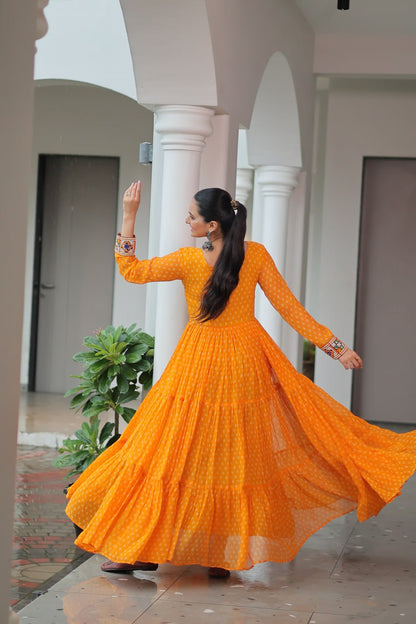 Yellow Bandhani Print Work With Kutchi Patchework Navratri Gown