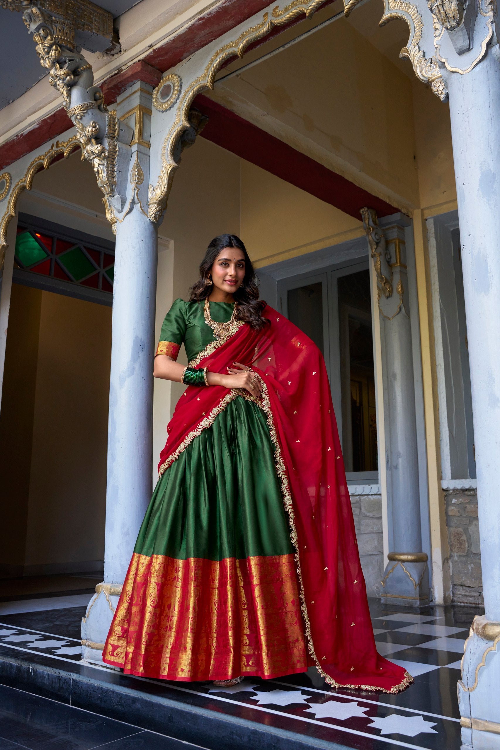 Green Narayan Pattu Zari Weaving Work South Indian Lehenga Choli