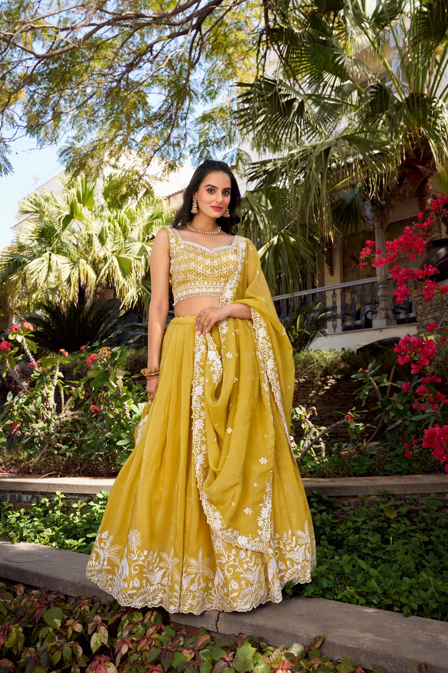 Yellow Gold Crush Sequins And Thread Embroidery Work Lehenga Choli