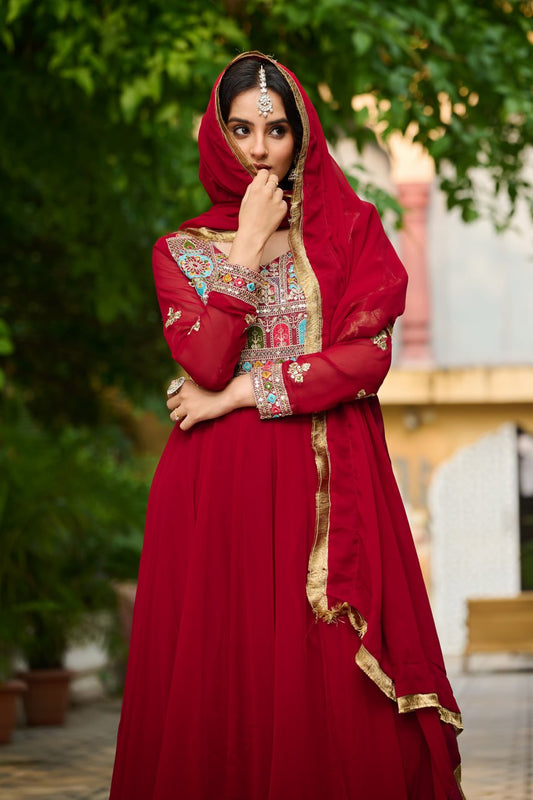 Maroon Faux Blooming With Sequins Multi Thread Embroidered Work Gown