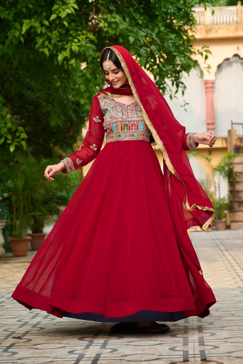 Maroon Faux Blooming With Sequins Multi Thread Embroidered Work Gown