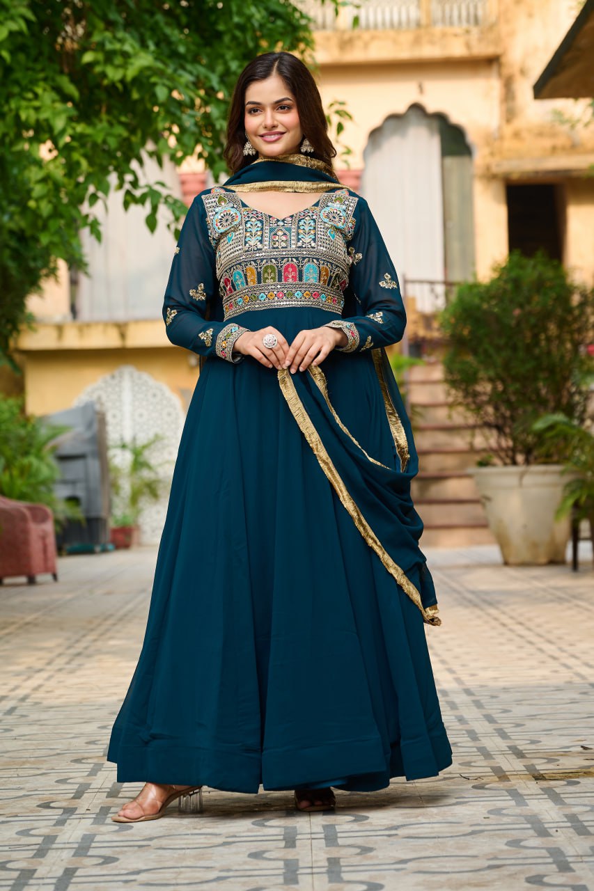 Rama Faux Blooming With Sequins Multi Thread Embroidered Work Gown
