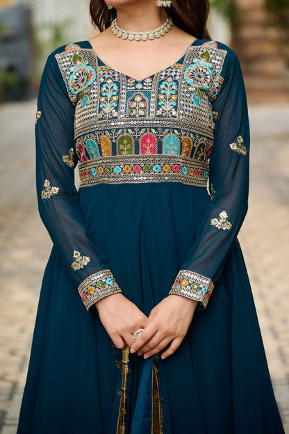 Rama Faux Blooming With Sequins Multi Thread Embroidered Work Gown