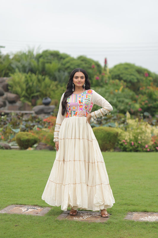 Off White Kora Cotton Gota Patti Work Navratri Gown