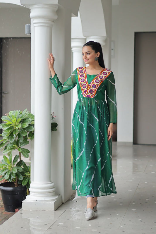 Green Leheriya Print Work With Kutchi Patchework Navratri Kurti