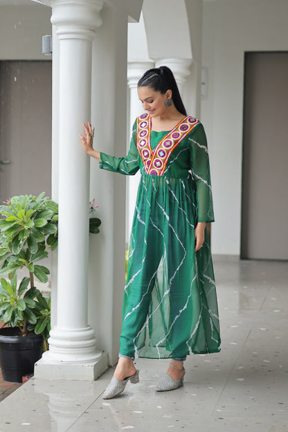 Green Leheriya Print Work With Kutchi Patchework Navratri Kurti