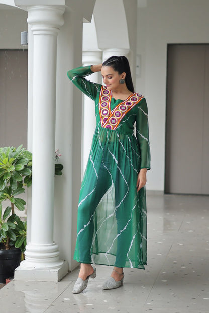 Green Leheriya Print Work With Kutchi Patchework Navratri Kurti