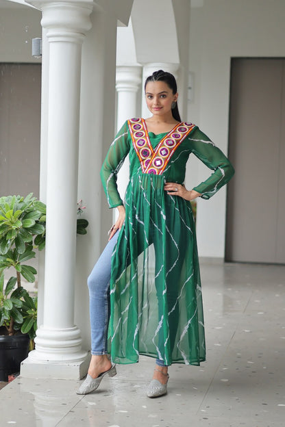 Green Leheriya Print Work With Kutchi Patchework Navratri Kurti