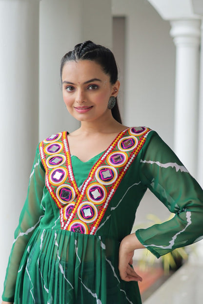 Green Leheriya Print Work With Kutchi Patchework Navratri Kurti
