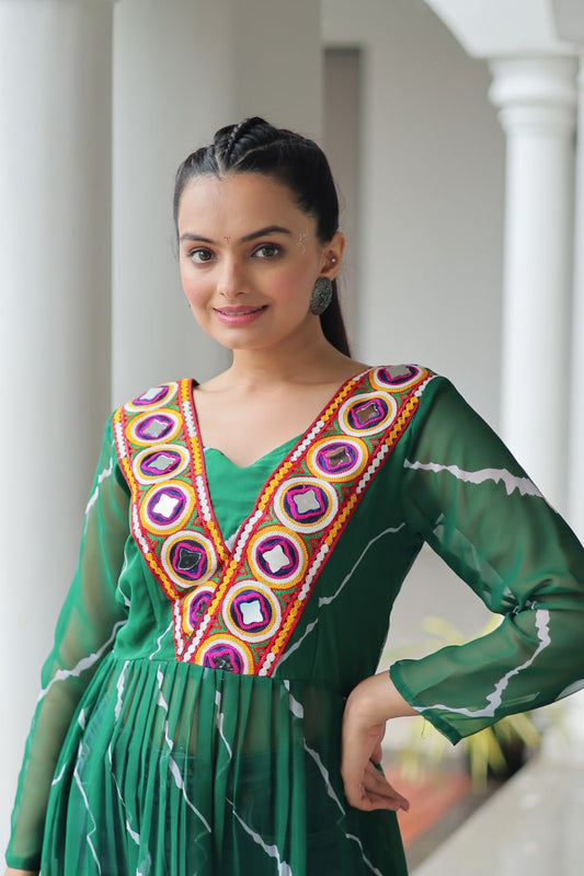 Green Leheriya Print Work With Kutchi Patchework Navratri Kurti