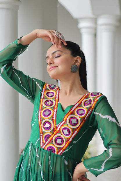 Green Leheriya Print Work With Kutchi Patchework Navratri Kurti
