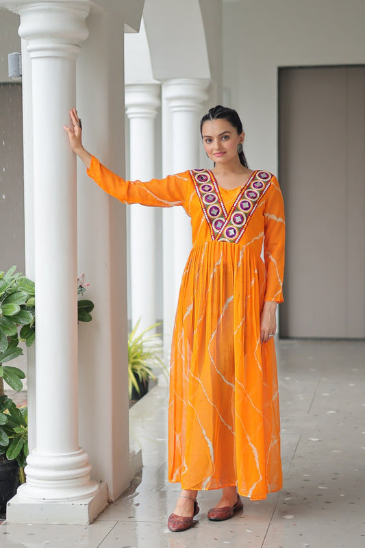 Yellow Leheriya Print Work With Kutchi Patchework Navratri Kurti