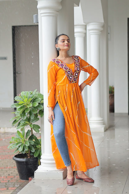 Yellow Leheriya Print Work With Kutchi Patchework Navratri Kurti