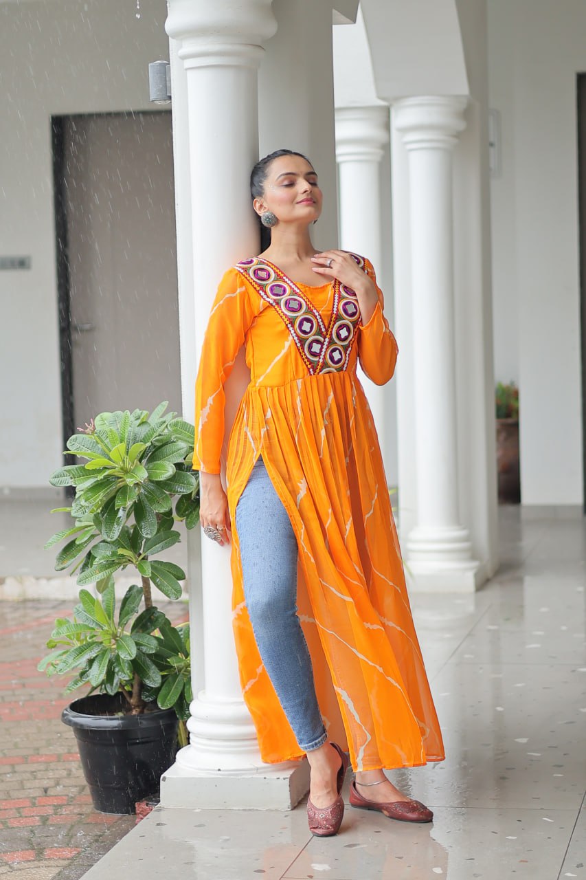 Yellow Leheriya Print Work With Kutchi Patchework Navratri Kurti