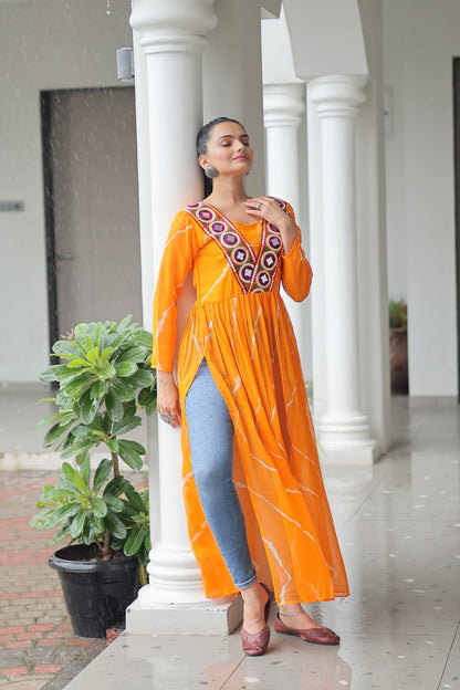 Yellow Leheriya Print Work With Kutchi Patchework Navratri Kurti