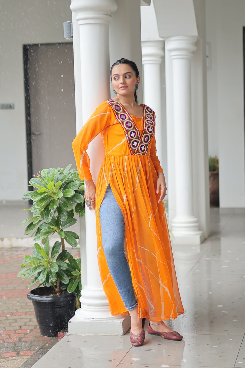 Yellow Leheriya Print Work With Kutchi Patchework Navratri Kurti