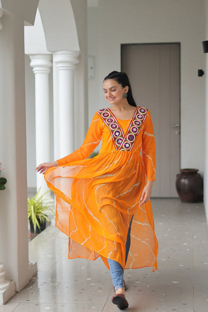 Yellow Leheriya Print Work With Kutchi Patchework Navratri Kurti