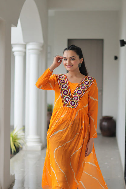 Yellow Leheriya Print Work With Kutchi Patchework Navratri Kurti