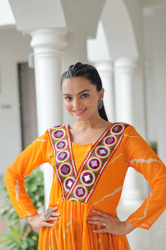 Yellow Leheriya Print Work With Kutchi Patchework Navratri Kurti