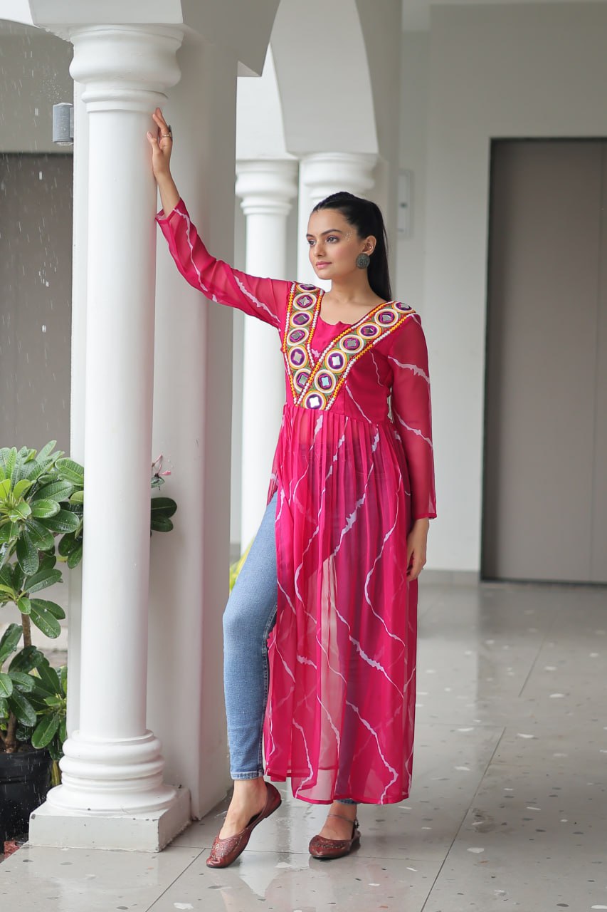 Pink Leheriya Print Work With Kutchi Patchework Navratri Kurti