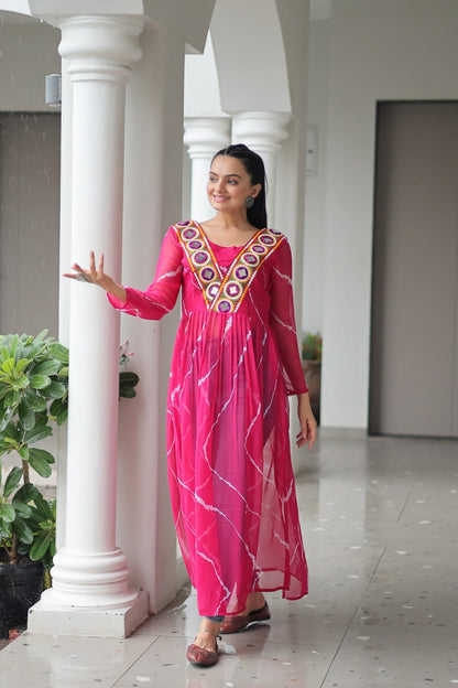 Pink Leheriya Print Work With Kutchi Patchework Navratri Kurti