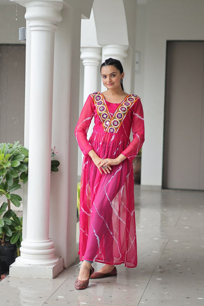 Pink Leheriya Print Work With Kutchi Patchework Navratri Kurti