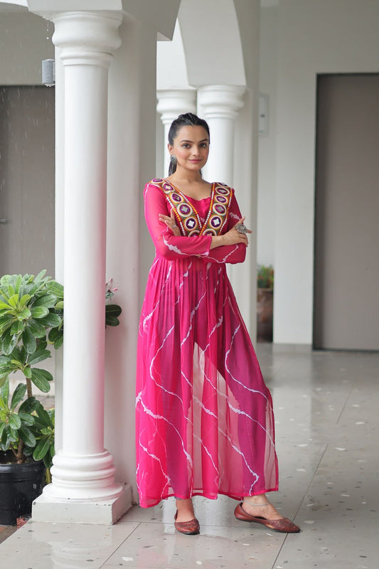 Pink Leheriya Print Work With Kutchi Patchework Navratri Kurti