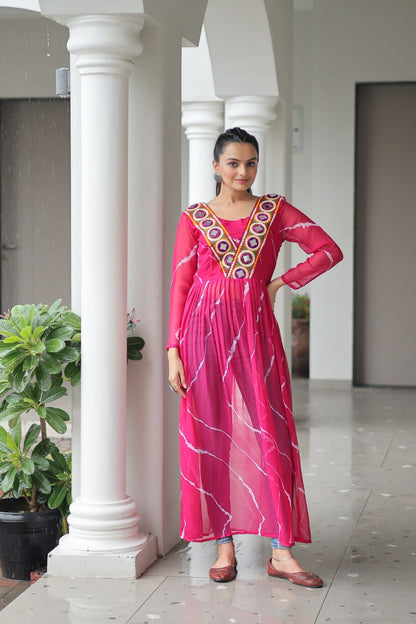 Pink Leheriya Print Work With Kutchi Patchework Navratri Kurti