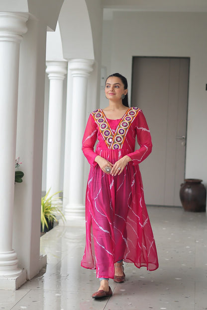 Pink Leheriya Print Work With Kutchi Patchework Navratri Kurti