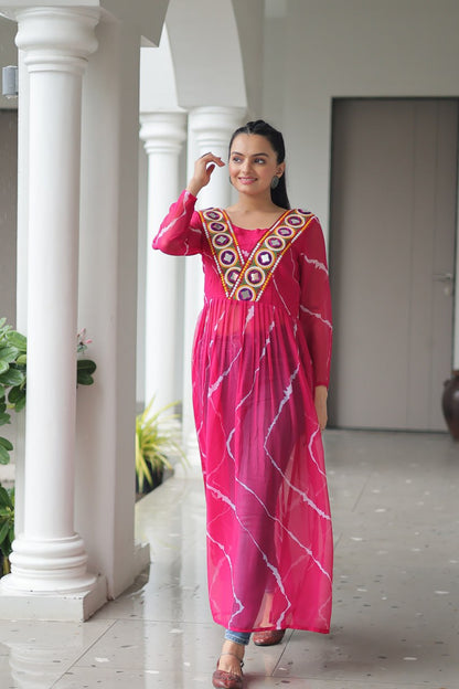 Pink Leheriya Print Work With Kutchi Patchework Navratri Kurti