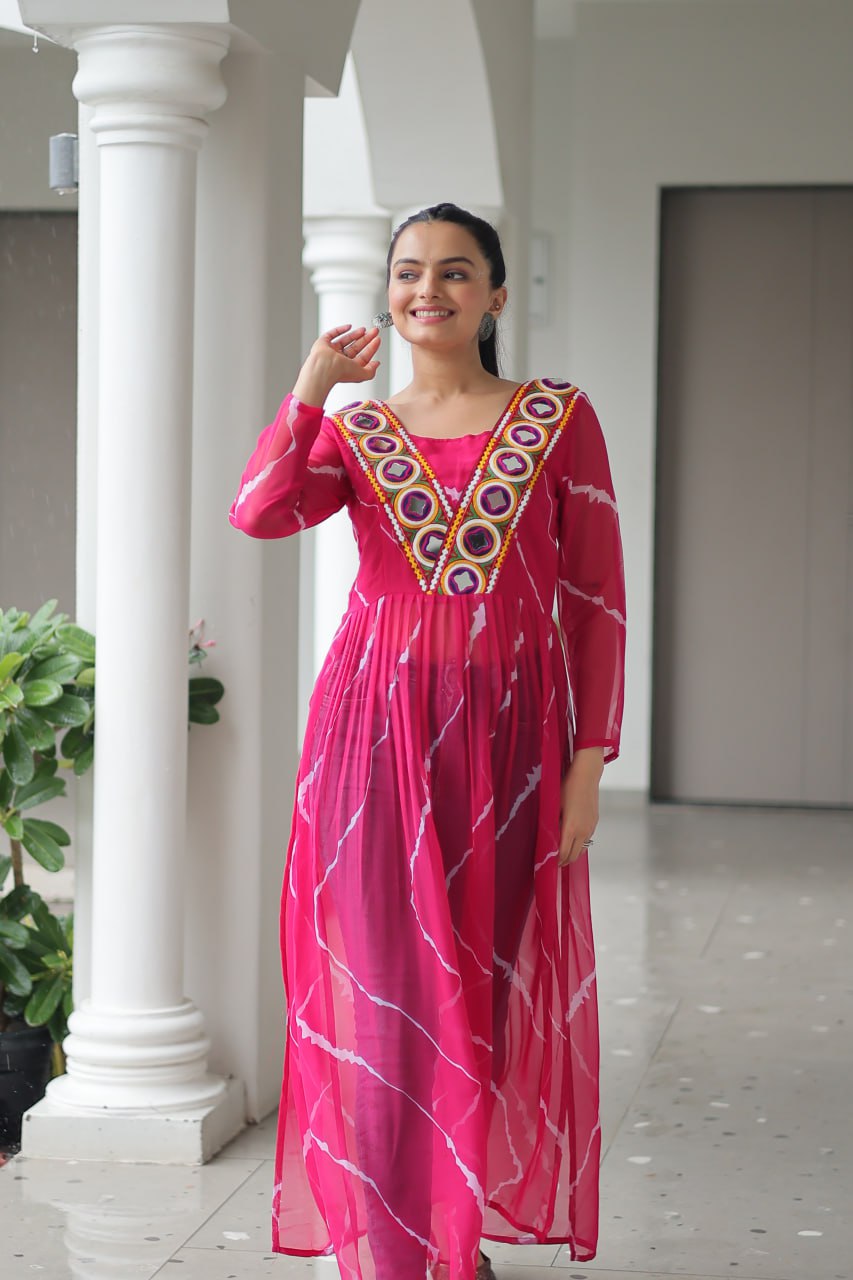 Pink Leheriya Print Work With Kutchi Patchework Navratri Kurti