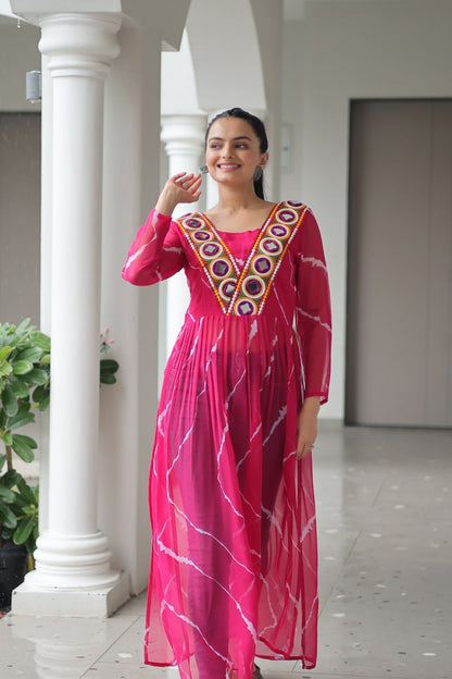 Pink Leheriya Print Work With Kutchi Patchework Navratri Kurti