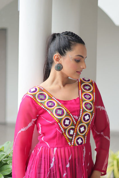 Pink Leheriya Print Work With Kutchi Patchework Navratri Kurti