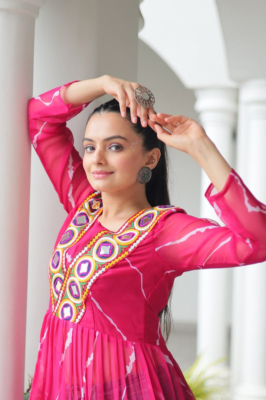 Pink Leheriya Print Work With Kutchi Patchework Navratri Kurti