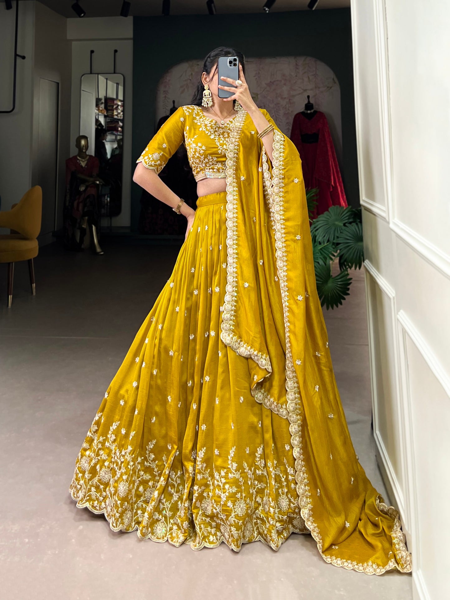 Yellow Vichitra Silk Sequins And Thread Embroidery Work Lehenga