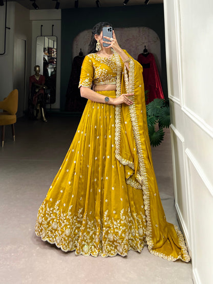 Yellow Vichitra Silk Sequins And Thread Embroidery Work Lehenga