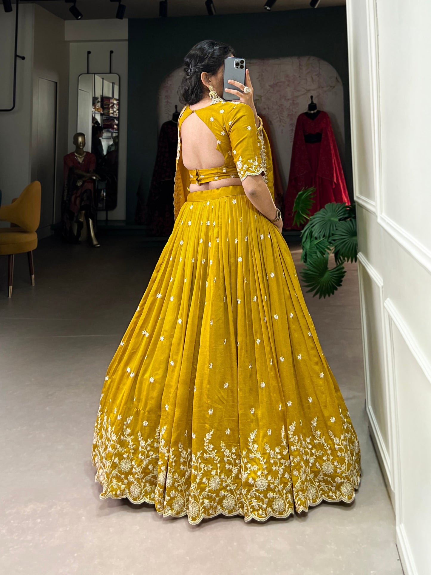 Yellow Vichitra Silk Sequins And Thread Embroidery Work Lehenga