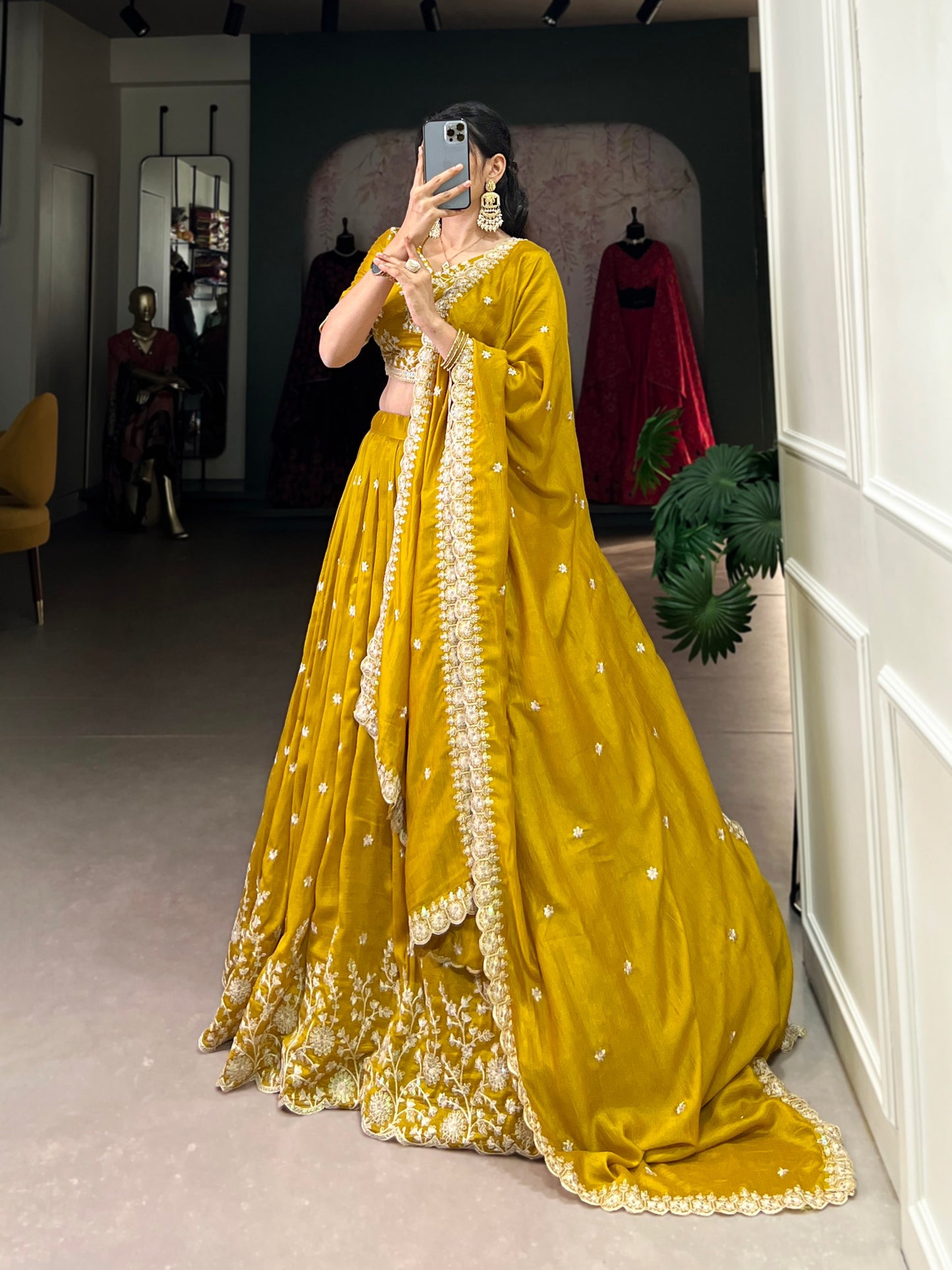 Yellow Vichitra Silk Sequins And Thread Embroidery Work Lehenga